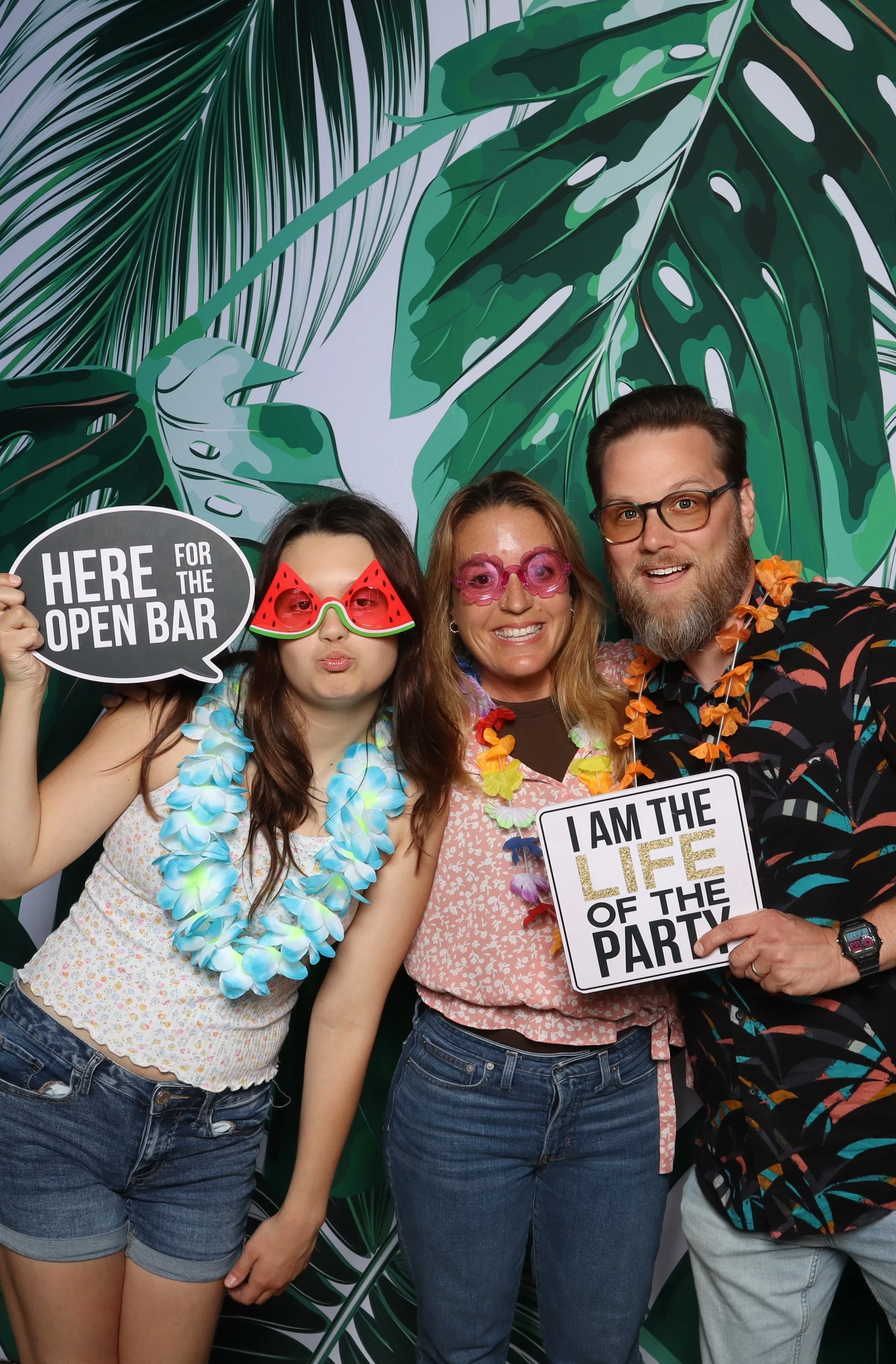 Avis Bar Mitzvah tropical themed photo booth Virginia Beach 2025 — guests with leis